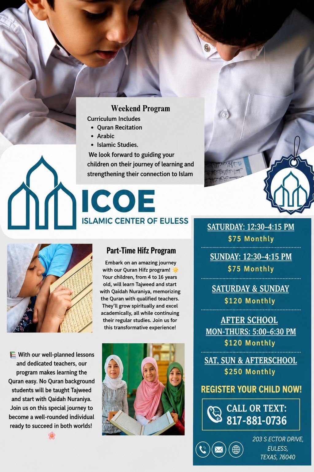 Weekend and after-school Quran programs flyer