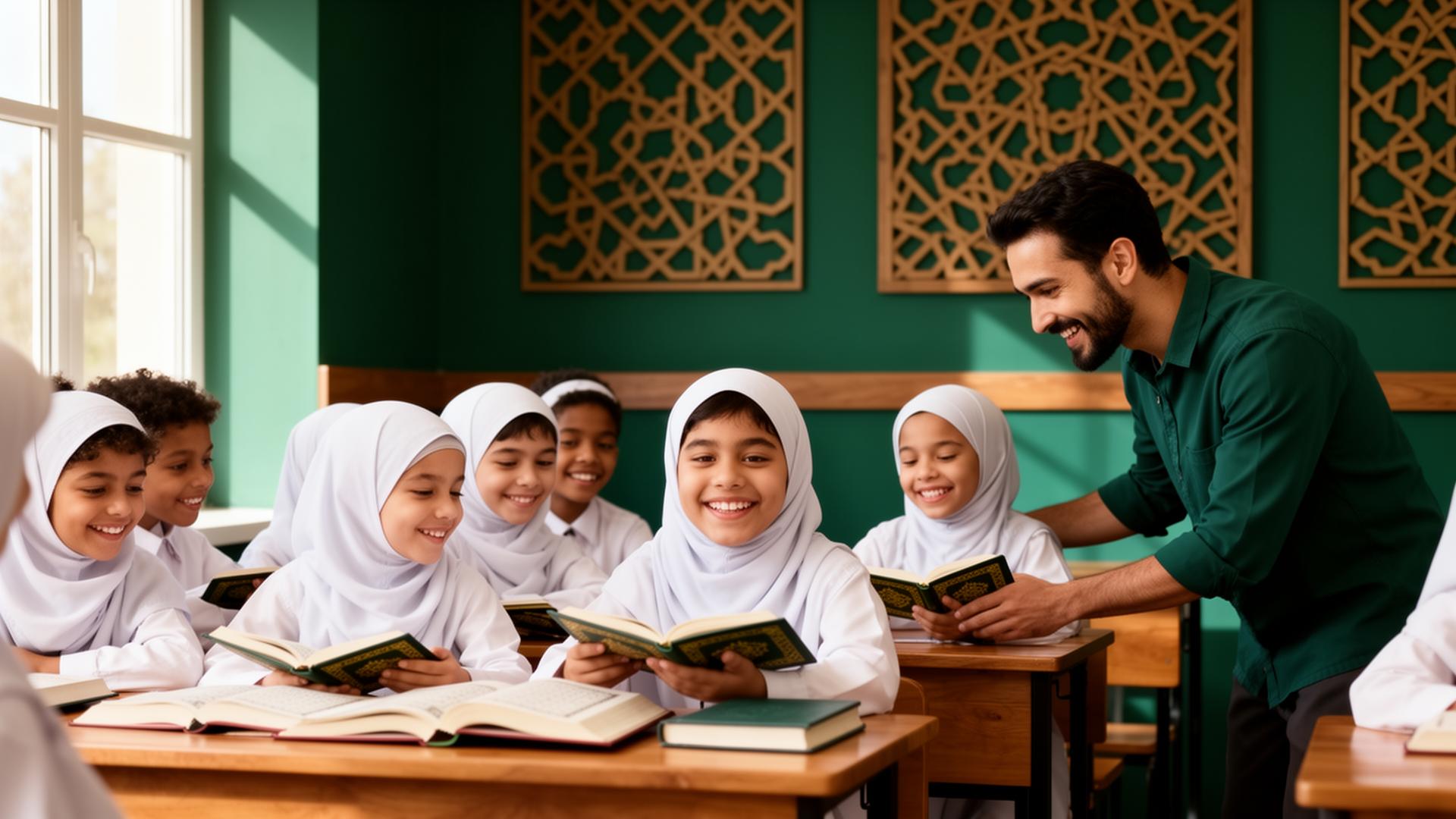 Children learning Quran together with their teacher